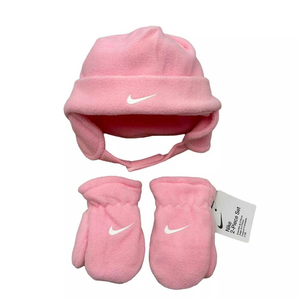 Nike Baby Girl's Fleece Chin Strap Trapper Hat & Mittens 2 Piece Set Size 12-24M